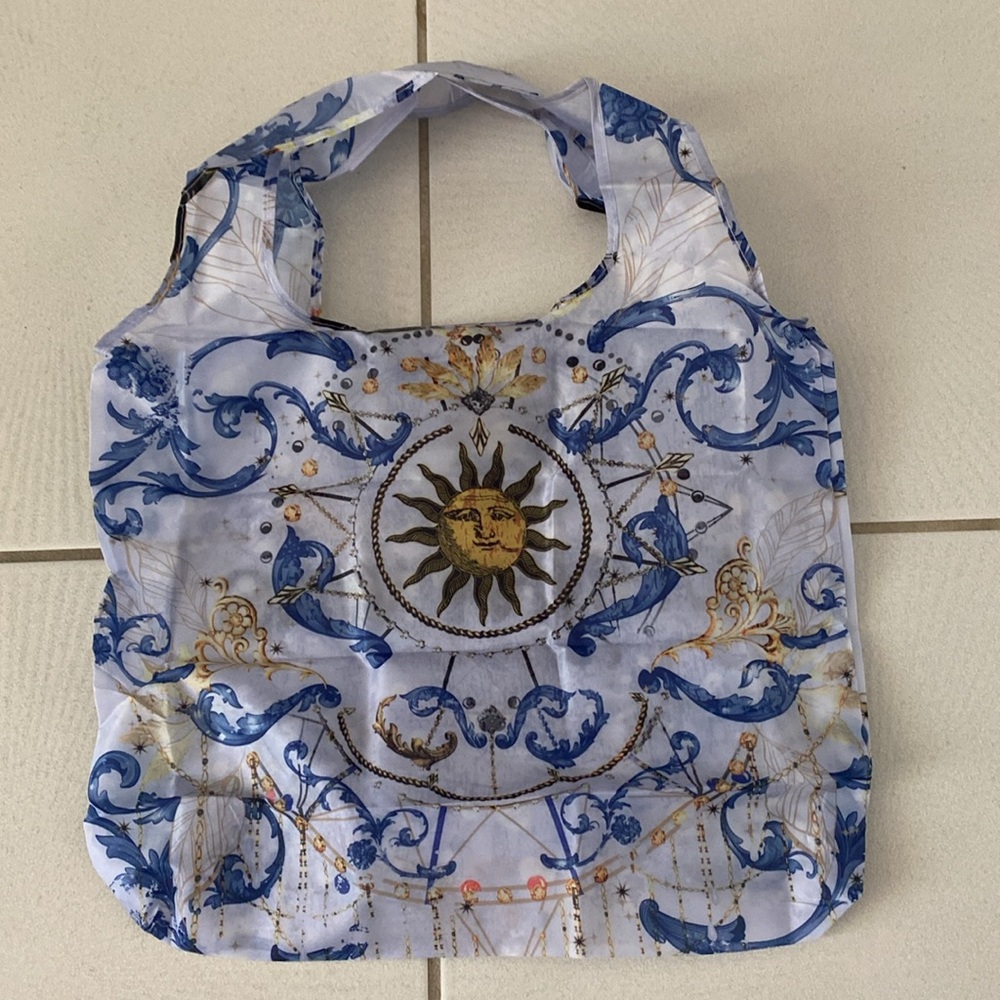 NWTJohnny Was Blue and Gold reusable nylon tote bag with pocket